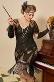 Black Golden Cap Sleeves 1920s Dress with 20s Accessories Set