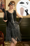 Black Fringes 1920s Plus Size Gatsby Dress with 20s Accessories Set