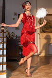 Sparkly Red Sequined Fringed 1920s Gatsby Dress with 20s Accessories