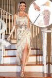 Sequin Fringed Champagne 1920s Gatsby Dress with Accessories Set