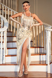 Sequin Fringed Champagne 1920s Gatsby Dress with Accessories Set