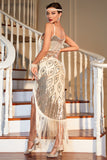 Sequin Fringed Champagne 1920s Gatsby Dress with Accessories Set