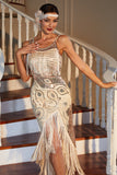 Sequin Fringed Champagne 1920s Gatsby Dress with Accessories Set