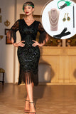 Dark Green Sequined Fringed Short Sleeves 1920s Gatsby Dress with Accessories Set
