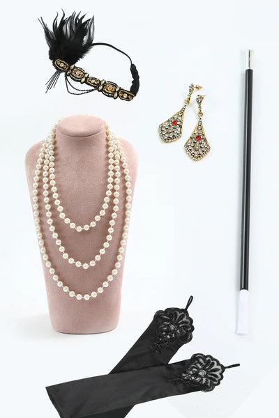 Black Bodycon Sequins Fringed 1920s Dress With 5-Piece Accessories Set