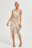 Sparkly Champagne Sequins Fringes Asymmetrical 1920s Gatsby Dress with Accessories Set
