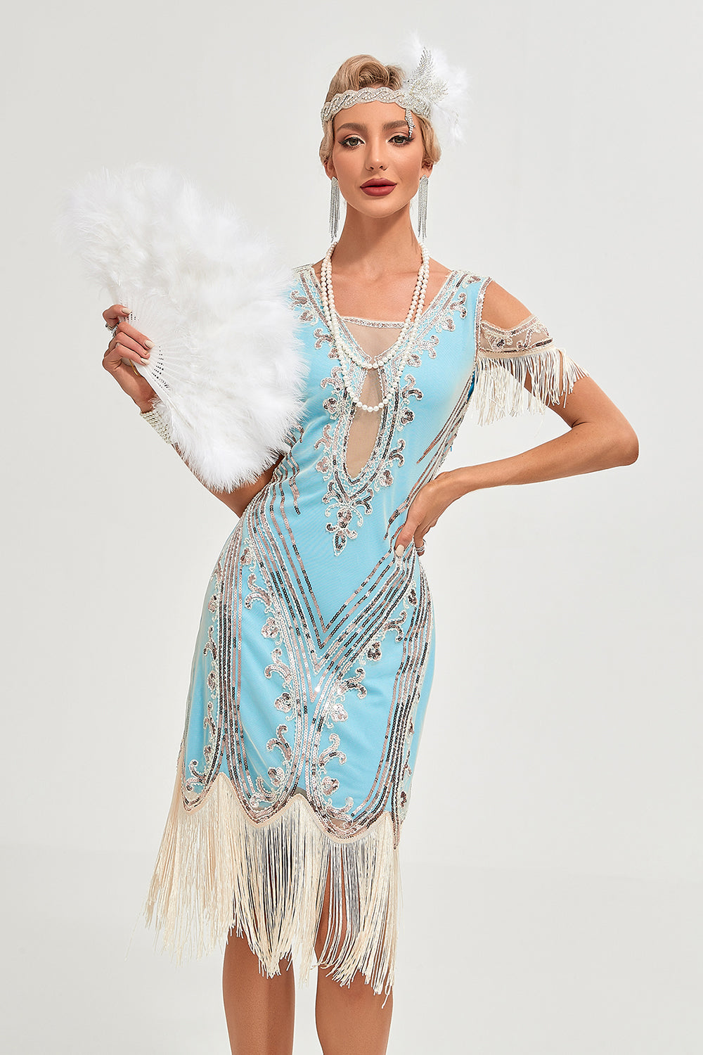 Glitter Green Cold Shoulder Sequins Fringes 1920s Gatsby Dress with Accessories Set