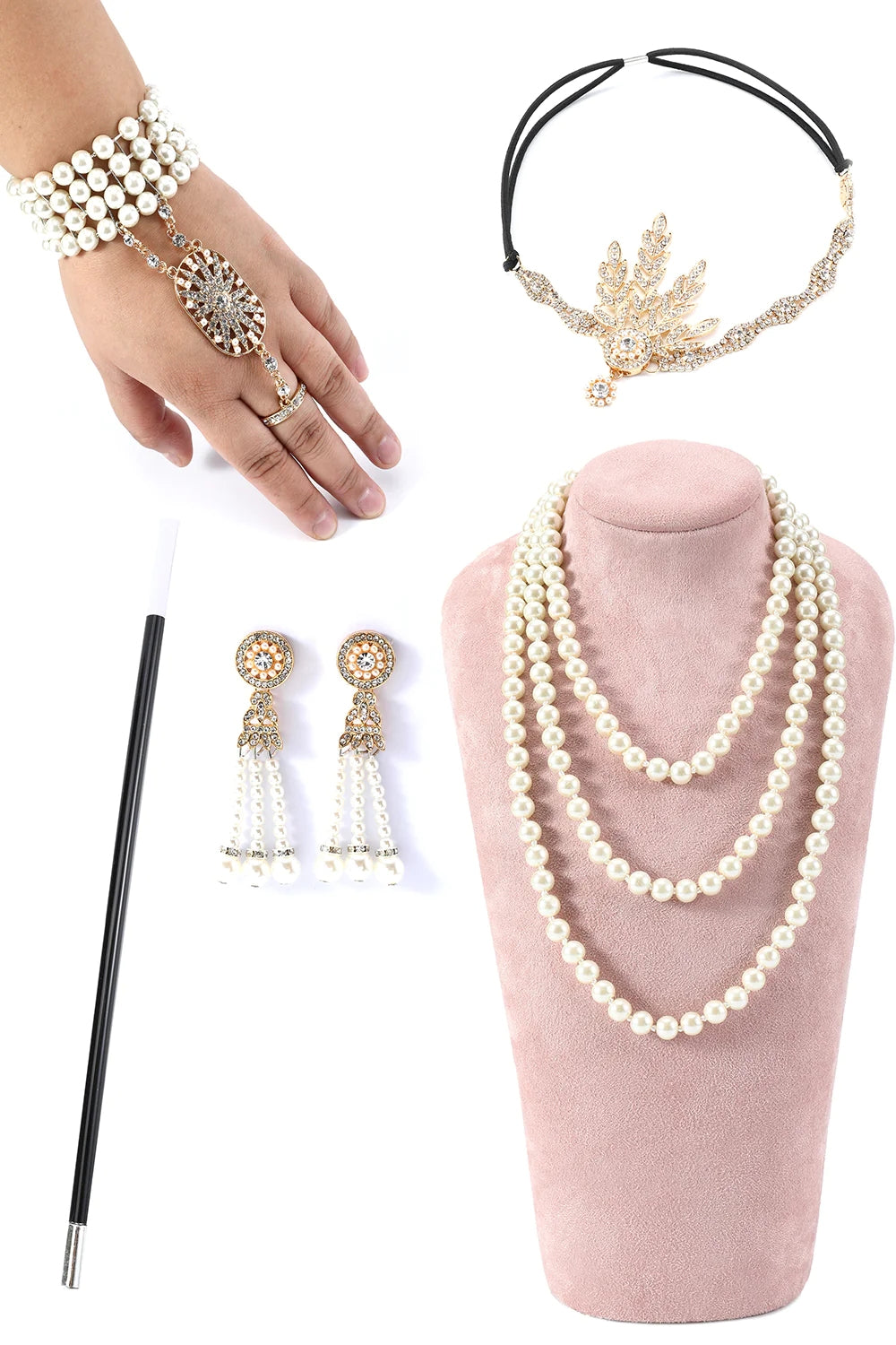 Glitter Champagne Sequins Fringed 1920s Gatsby Dress with Accessories Set