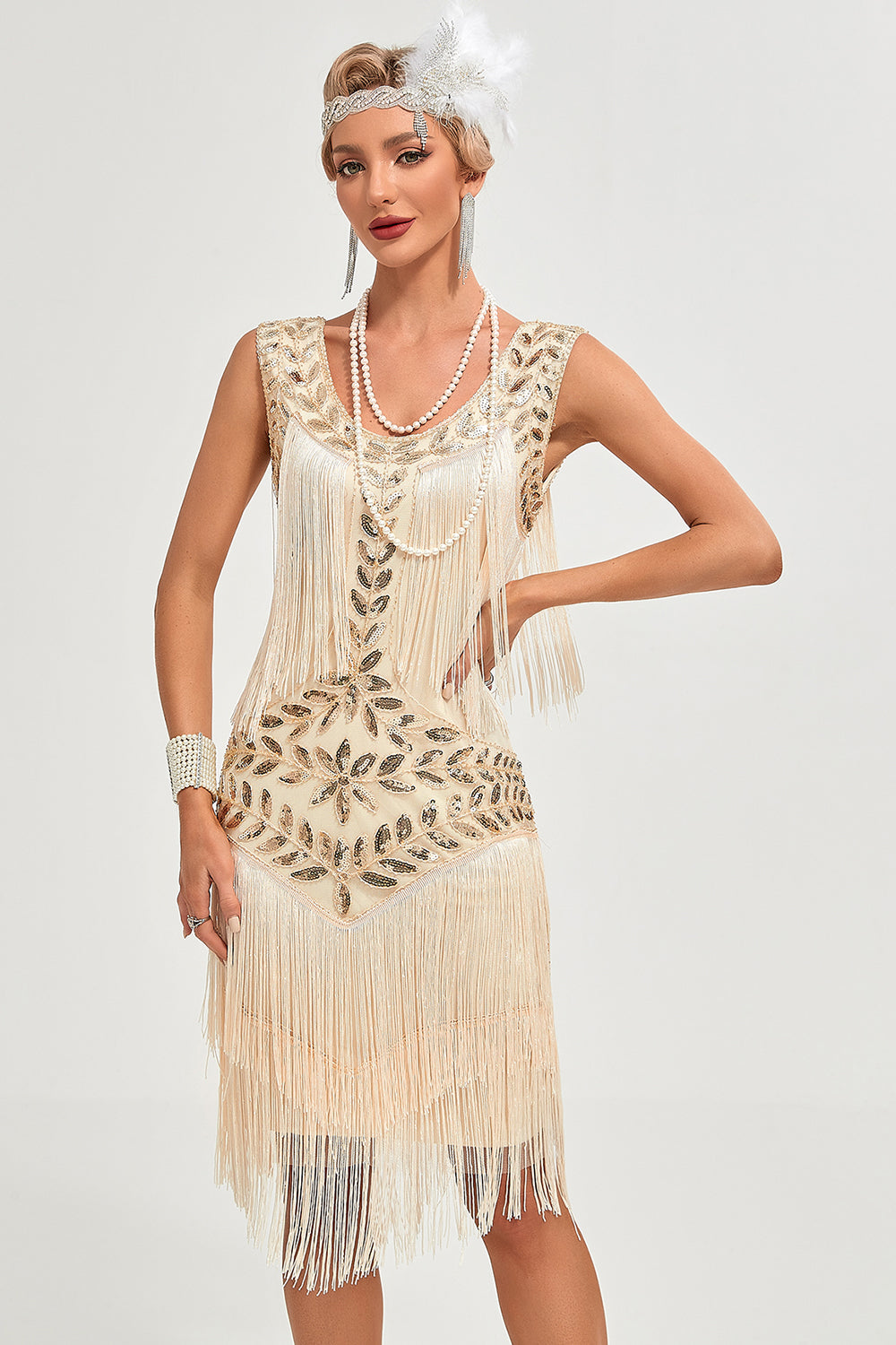 Glitter Champagne Sequins Fringed 1920s Gatsby Dress with Accessories Set