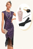 Fringes Dark Purple Beading 1920s Dress with Accessories Set