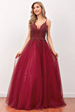 Burgundy Beaded Long Prom Dress