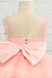 Pink Beading Tulle Flower Girl Dress with Bow