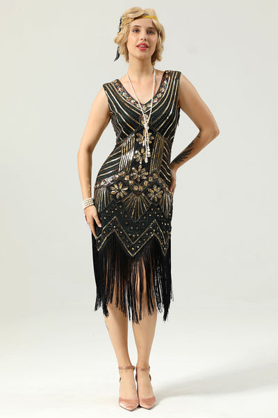 Zapaka Women 1920 Dress Black and Gold Sequin Flapper Gatsby Dress with Fringes, Black / L Zapaka Women 1920 Dress Black and Gold Sequin Flapper Gatsby Dress with Fringes, Black / L