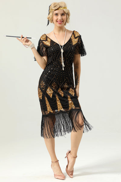 Women V Neck 1920s Fringe Sequin Flapper Dress
