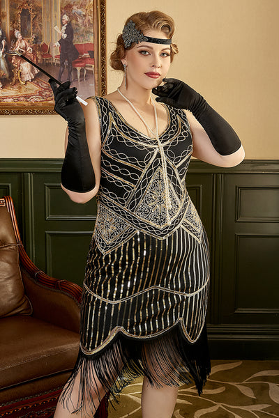 ZAPAKA Women Plus Size 1920s Gatsby Dress Black Sequins Fringes Vintage Flapper  Dress