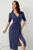 Navy Polka Dots Midi Summer Wrap Dress