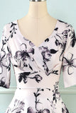 V Neck Half Sleeves White Printed Vintage Dress