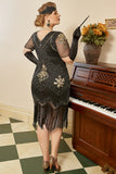 Black Golden Sequins Gatsby Fringed Plus Size 1920s Dress