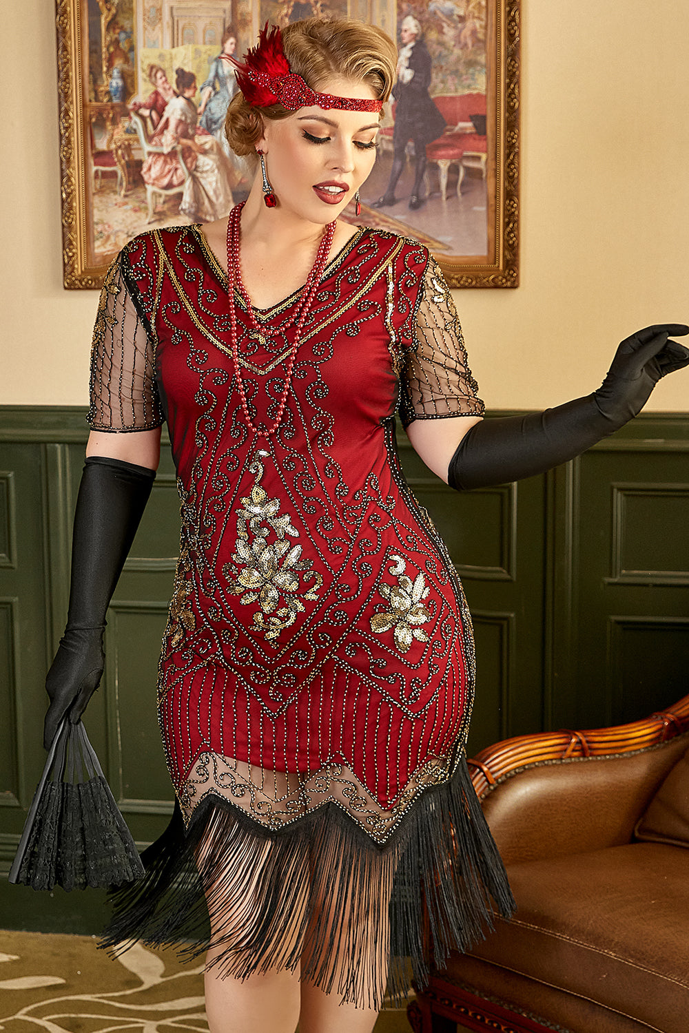 Plus Size 1920s Gatsby Sequin Fringed Paisley Flapper Dress