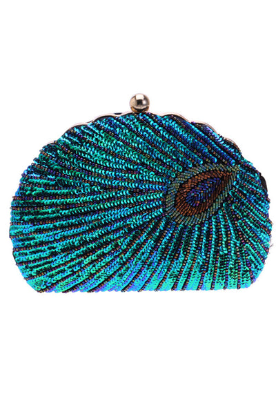 Peacock Green Beaded Shell Shaped Clutch that looks like a fan