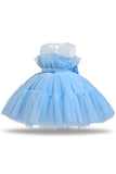 Blue A-line Tulle Flower Girl Dress with Bow