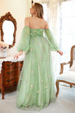 A Line Off the Shoulder Green Plus Size Prom Dress with Embroidery