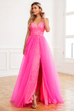 Two Piece Spaghetti Straps Fuchsia Prom Dress with Split Front