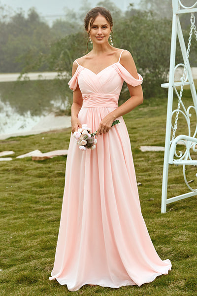 ZAPAKA Women Blush Bridesmaid Dress Off Shoulder A line Spaghetti Straps Wedding Party Dress