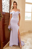 Sheath Off the Shoulder Lilac Long Bridesmaid Dress with Split Front