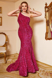 Mermaid One Shoulder Fuchsia Sequins Plus Size Prom Dress with Sweep Train