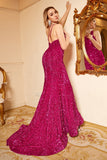 Mermaid One Shoulder Fuchsia Sequins Plus Size Prom Dress with Sweep Train