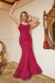 Hot Pink Sequin Mermaid Plus Size Evening Dress with Lac-up Back