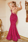 Hot Pink Sequin Mermaid Plus Size Evening Dress with Lac-up Back