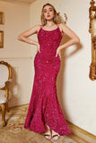 Hot Pink Sequin Mermaid Plus Size Evening Dress with Lac-up Back