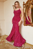 Hot Pink Sequin Mermaid Plus Size Evening Dress with Lac-up Back