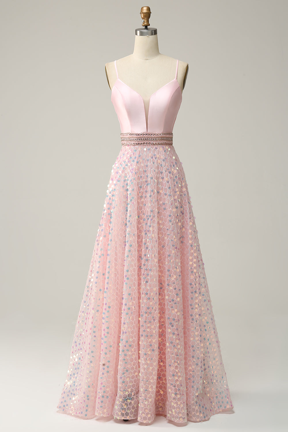 A Line Spaghetti Straps Pink Long Wedding Guest Dress with Beading