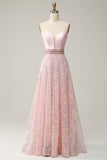 A Line Spaghetti Straps Pink Long Wedding Guest Dress with Beading