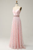A Line Spaghetti Straps Pink Long Wedding Guest Dress with Beading