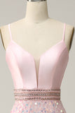 A Line Spaghetti Straps Pink Long Wedding Guest Dress with Beading