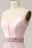 A Line Spaghetti Straps Pink Long Wedding Guest Dress with Beading