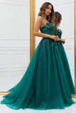 Sparkly Dark Green Tulle Long Prom Dress with Appliques
