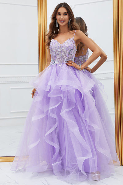Zapaka Women Glitter Purple Ruffled Corset Long Prom Dress with Lace Spaghetti Straps Tulle Party Dress, Purple / US18W Zapaka Women Glitter Purple Ruffled Corset Long Prom Dress with Lace Spaghetti Straps Tulle Party Dress, Purple / US18W