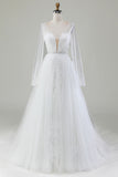 Ivory A-Line V-Neck Pleated Tulle Wedding Dress With Long Sleeves