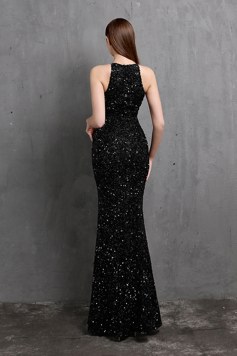 Burgundy Sequin Long Evening Dress with Slit