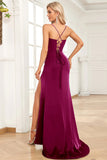 Navy Mermaid Spaghetti Straps Satin Prom Dress with Split Front