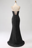 Black Mermaid Spaghetti Straps V-Neck Sequin Long Prom Dress With Split