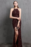 Burgundy Sequin Long Evening Dress with Slit