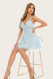 Blue A Line Spaghetti Straps Short Homecoming Dress With Appliques