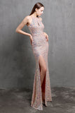 Burgundy Sequin Long Evening Dress with Slit