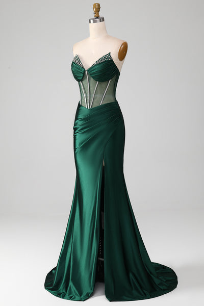 dark green prom dress corset top ZAPAKA Women Dark Green Corset Prom Dress Stylish Mermaid Spaghetti Straps Formal Dress with Split Front, Dark Green / US26W